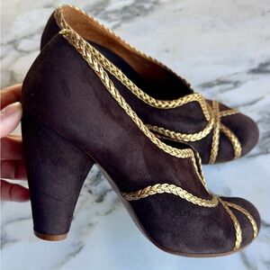 Chie Mihara Dark Brown Heels with Gold Braided Design size 38.5